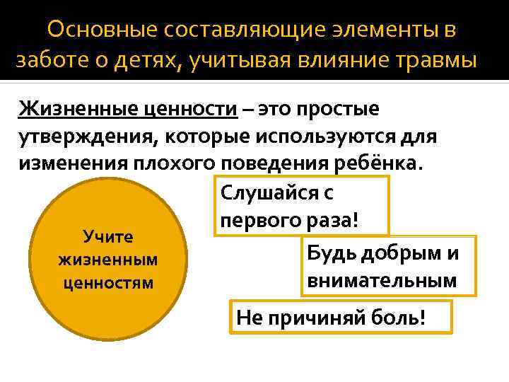 Основные составляющие элементы в заботе о детях, учитывая влияние травмы Жизненные ценности – это
