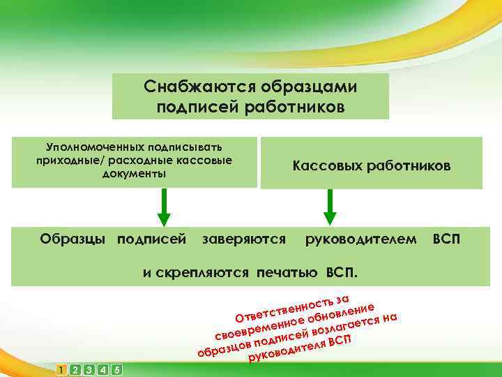 Снабжаются образцами подписей работников Уполномоченных подписывать приходные/ расходные кассовые документы Образцы подписей заверяются Кассовых