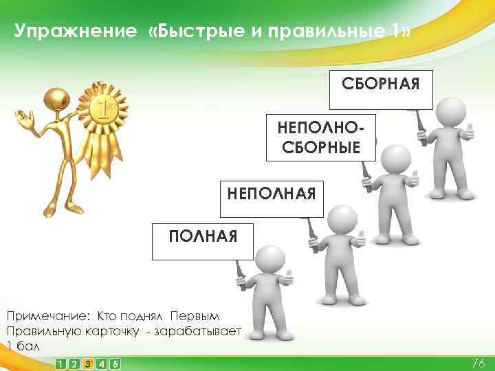 Упражнение «Быстрые и правильные 1» СБОРНАЯ НЕПОЛНОСБОРНЫЕ НЕПОЛНАЯ Примечание: Кто поднял Первым Правильную карточку