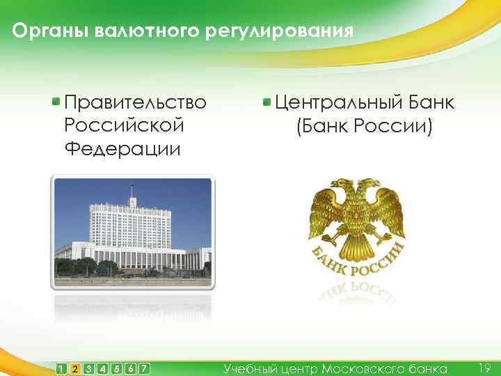 Органы валютного регулирования Правительство Российской Федерации 1 2 3 4 5 6 7 Центральный