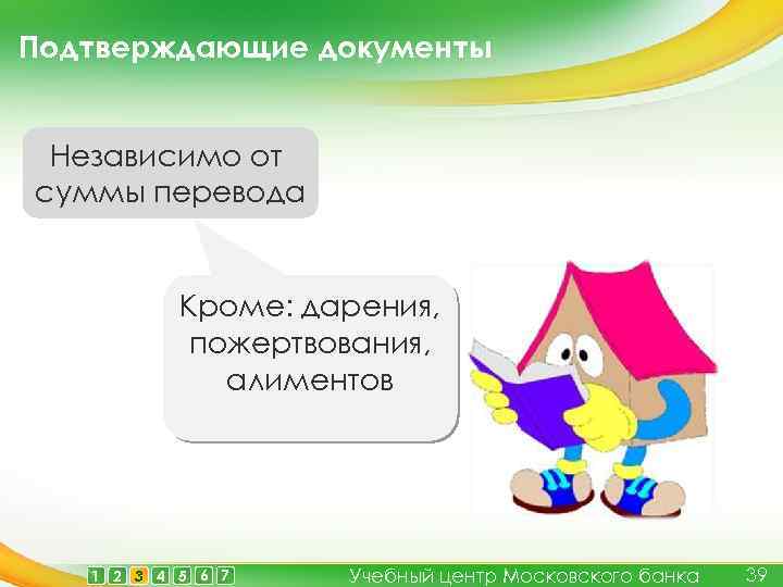 Подтверждающие документы Независимо от суммы перевода Кроме: дарения, пожертвования, алиментов 1 2 3 4