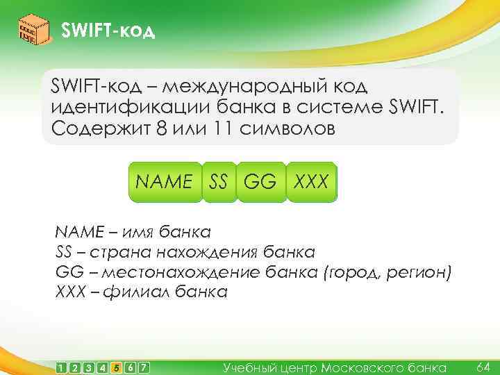 SWIFT-код – международный код идентификации банка в системе SWIFT. Содержит 8 или 11 символов