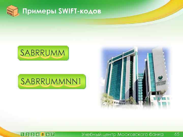 Примеры SWIFT-кодов SABRRUMMNN 1 1 2 3 4 5 6 7 Учебный центр Московского