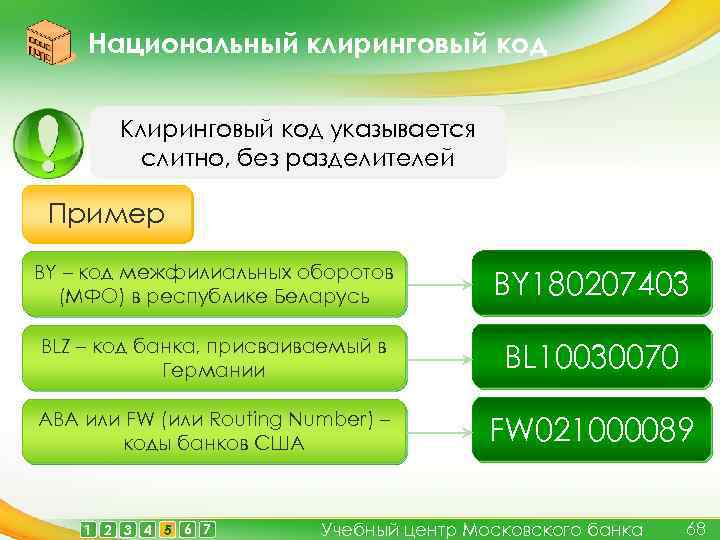 Национальный клиринговый код Клиринговый код указывается слитно, без разделителей Пример BY – код межфилиальных