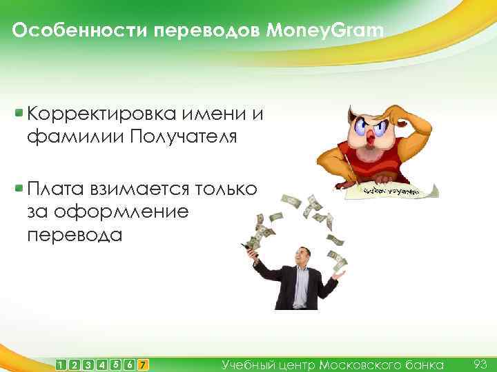 Особенности переводов Money. Gram Корректировка имени и фамилии Получателя Плата взимается только за оформление
