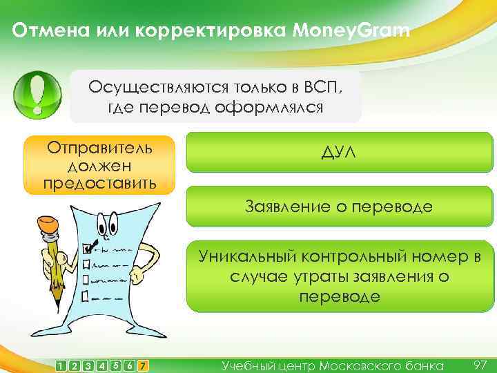 Отмена или корректировка Money. Gram Осуществляются только в ВСП, где перевод оформлялся Отправитель должен
