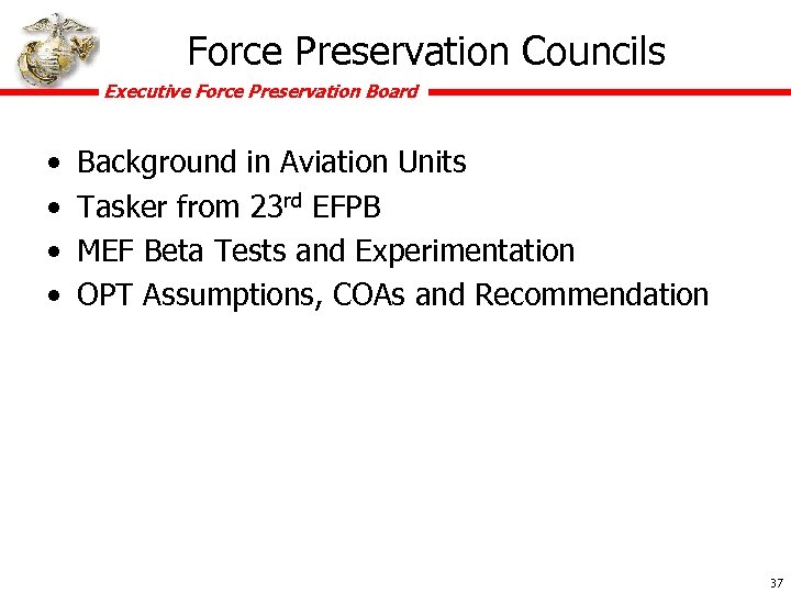Force Preservation Councils Executive Force Preservation Board • • Background in Aviation Units Tasker