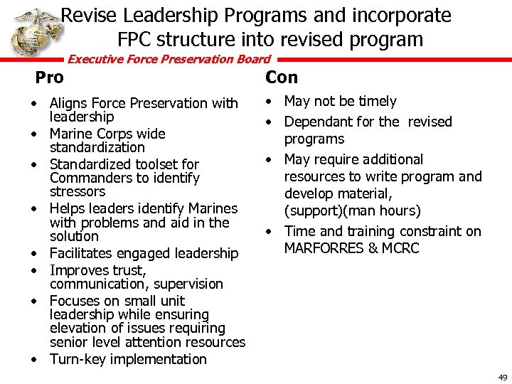 Revise Leadership Programs and incorporate FPC structure into revised program Executive Force Preservation Board