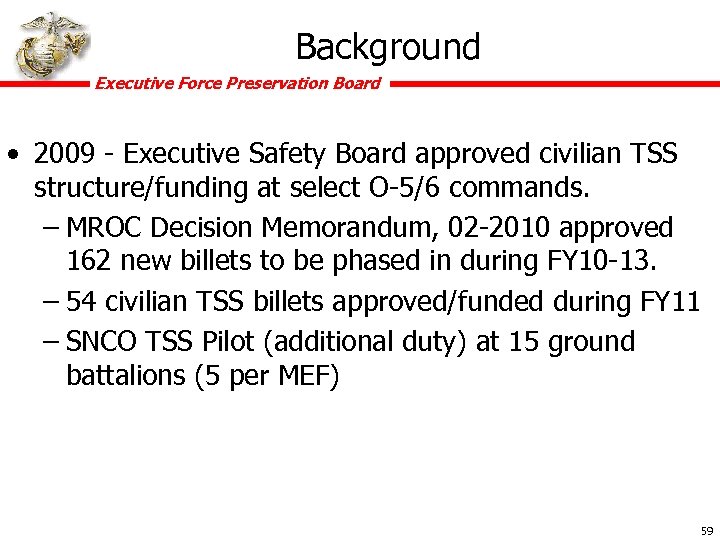 Background Executive Force Preservation Board • 2009 - Executive Safety Board approved civilian TSS