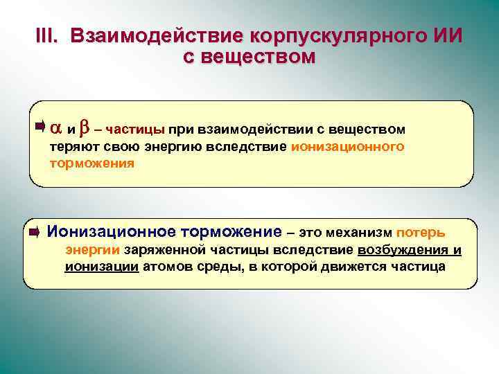 III. Взаимодействие корпускулярного ИИ с веществом a и b – частицы при взаимодействии с