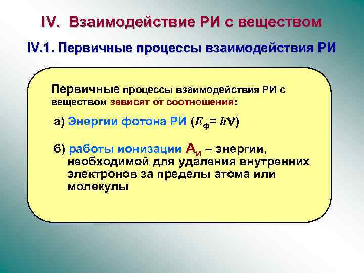 IV. Взаимодействие РИ с веществом IV. 1. Первичные процессы взаимодействия РИ с веществом зависят