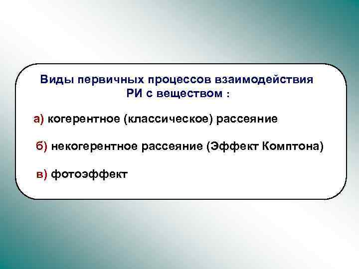 Виды первичных процессов взаимодействия РИ с веществом : а) когерентное (классическое) рассеяние б) некогерентное