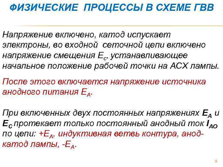 ФИЗИЧЕСКИЕ ПРОЦЕССЫ В СХЕМЕ ГВВ Напряжение включено, катод испускает электроны, во входной сеточной цепи