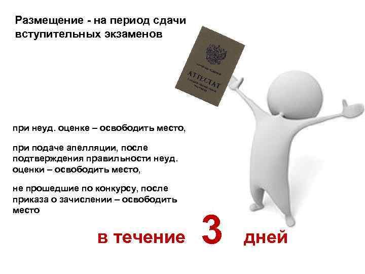 Размещение - на период сдачи вступительных экзаменов при неуд. оценке – освободить место, при