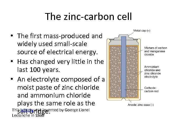 The zinc-carbon cell • The first mass-produced and widely used small-scale source of electrical