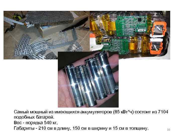 Самый мощный из имеющихся аккумуляторов (85 к. Вт*ч) состоит из 7104 подобных батарей. Вес