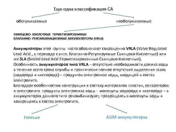 Еще одна классификация СА обслуживаемые необслуживаемые СВИНЦОВО- КИСЛОТНЫЕ ГЕРМЕТИЗИРОВАННЫЕ КЛАПАННО- РЕКОМБИНАЦИОННЫЕ АККУМУЛЯТОРЫ (VRLA) Аккумуляторы