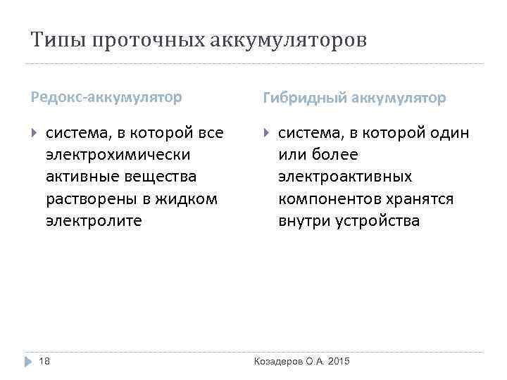Типы проточных аккумуляторов Редокс-аккумулятор система, в которой все электрохимически активные вещества растворены в жидком