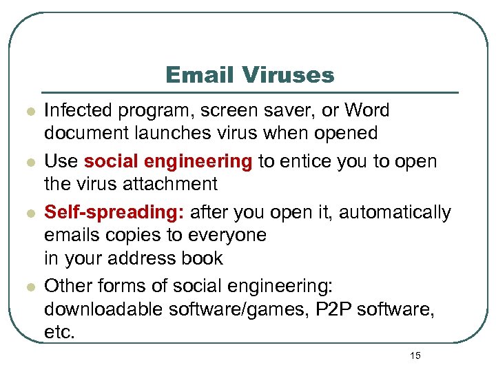 Email Viruses l l Infected program, screen saver, or Word document launches virus when