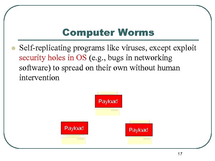 Computer Worms l Self-replicating programs like viruses, except exploit security holes in OS (e.