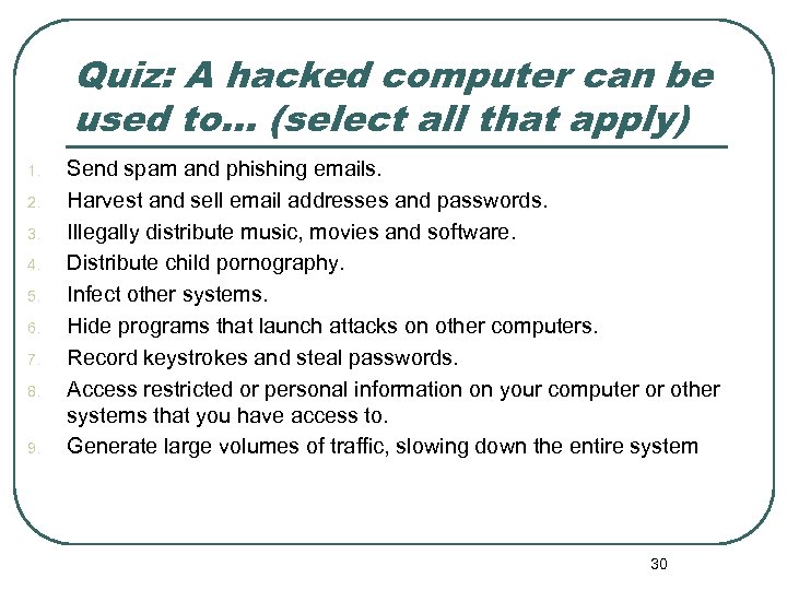 Quiz: A hacked computer can be used to… (select all that apply) 1. 2.