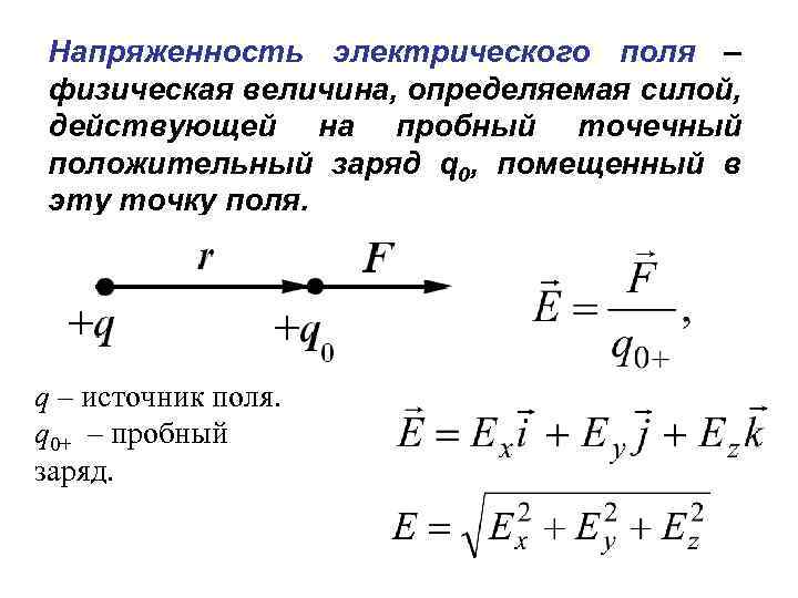 Напряженность электрического поля – физическая величина, определяемая силой, действующей на пробный точечный положительный заряд