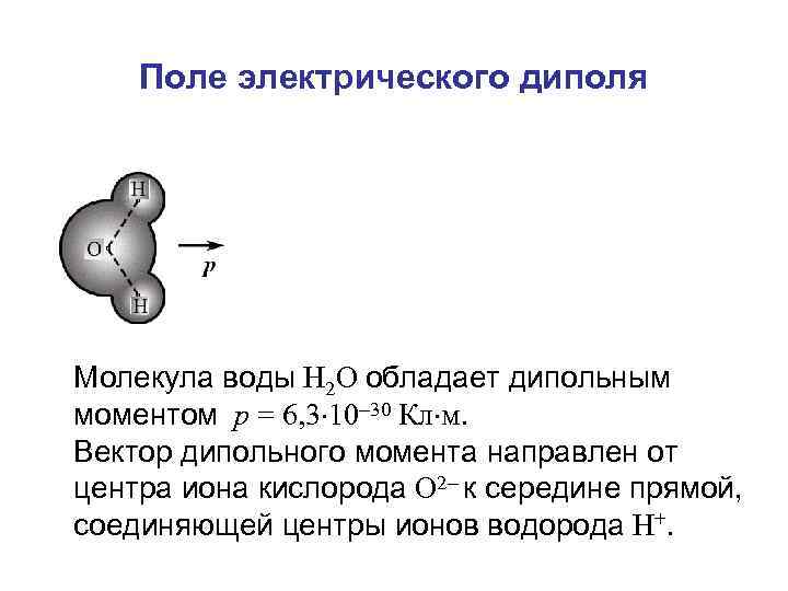 Поле электрического диполя Молекула воды Н 2 О обладает дипольным моментом р = 6,