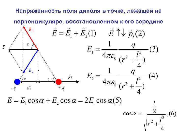 Напряженность поля диполя в точке, лежащей на перпендикуляре, восстановленном к его середине 