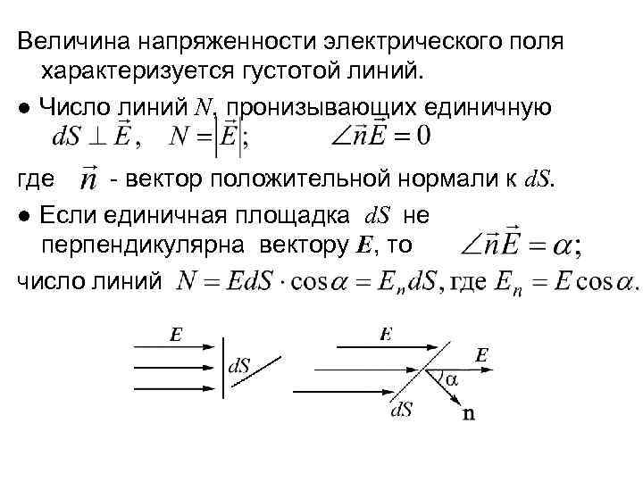 Величина напряженности электрического поля характеризуется густотой линий. ● Число линий N, пронизывающих единичную где