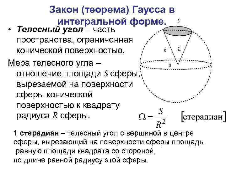 Закон (теорема) Гаусса в интегральной форме. • Телесный угол – часть пространства, ограниченная конической