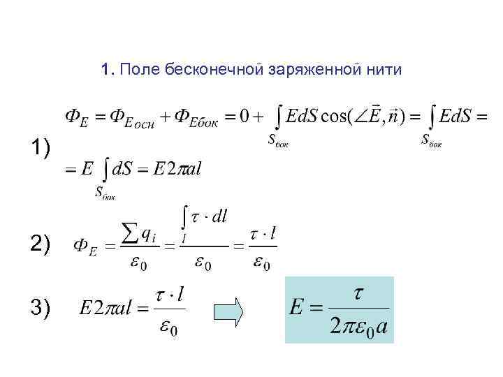 1. Поле бесконечной заряженной нити 1) 2) 3) 