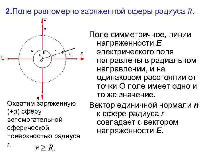 2. Поле равномерно заряженной сферы радиуса R. Охватим заряженную (+q) сферу вспомогательной сферической поверхностью