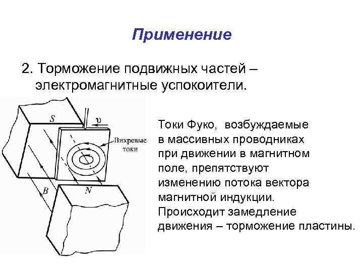 Применение 2. Торможение подвижных частей – электромагнитные успокоители. Токи Фуко, возбуждаемые в массивных проводниках