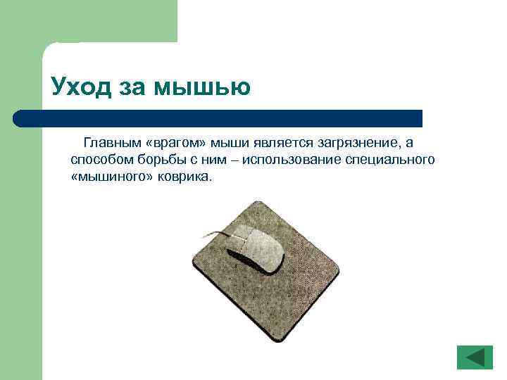 Уход за мышью Главным «врагом» мыши является загрязнение, а способом борьбы с ним –