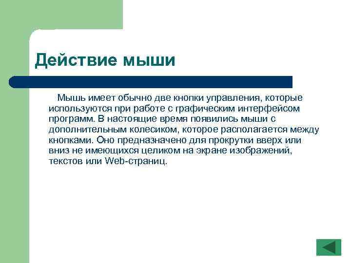 Действие мыши Мышь имеет обычно две кнопки управления, которые используются при работе с графическим