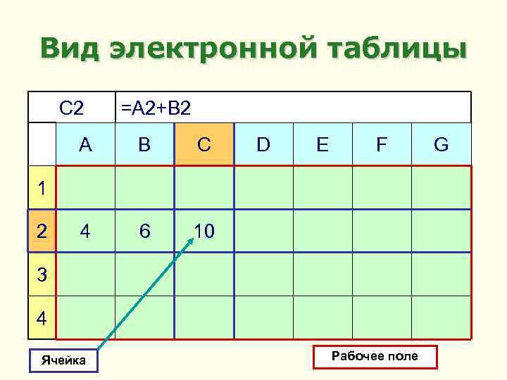 Вид электронной таблицы C 2 =A 2+B 2 A B C 4 6 D