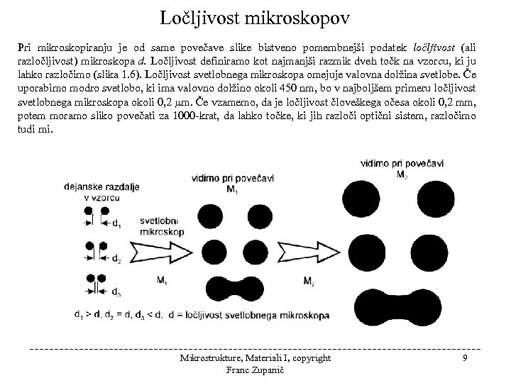 Ločljivost mikroskopov Pri mikroskopiranju je od same povečave slike bistveno pomembnejši podatek ločljivost (ali