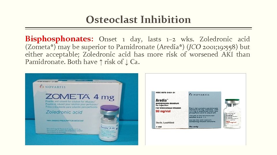 Osteoclast Inhibition Bisphonates: Onset 1 day, lasts 1– 2 wks. Zoledronic acid (Zometa®) may
