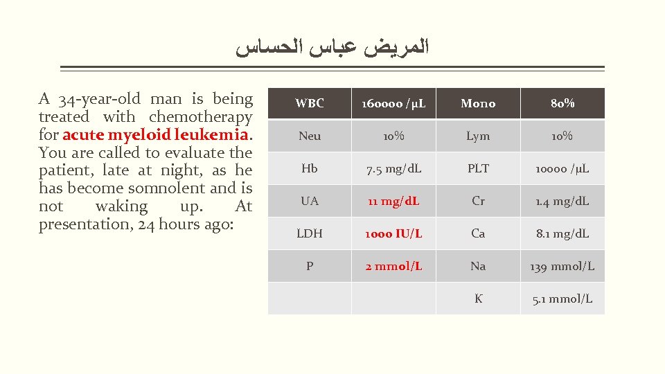  ﺍﻟﻤﺮﻳﺾ ﻋﺒﺎﺱ ﺍﻟﺤﺴﺎﺱ A 34 -year-old man is being treated with chemotherapy for