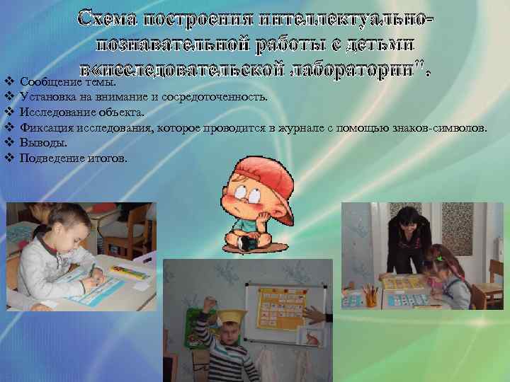 v v v Схема построения интеллектуальнопознавательной работы с детьми в «исследовательской лаборатории". Сообщение темы.