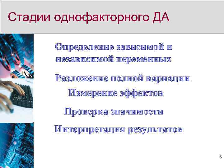 Стадии однофакторного ДА Определение зависимой и независимой переменных Разложение полной вариации Измерение эффектов Проверка