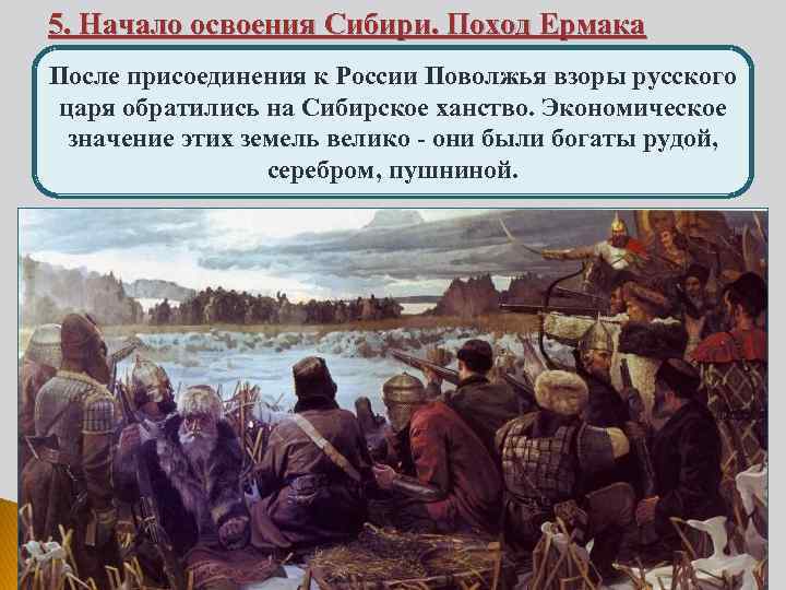 5. Начало освоения Сибири. Поход Ермака После присоединения к России Поволжья взоры русского царя