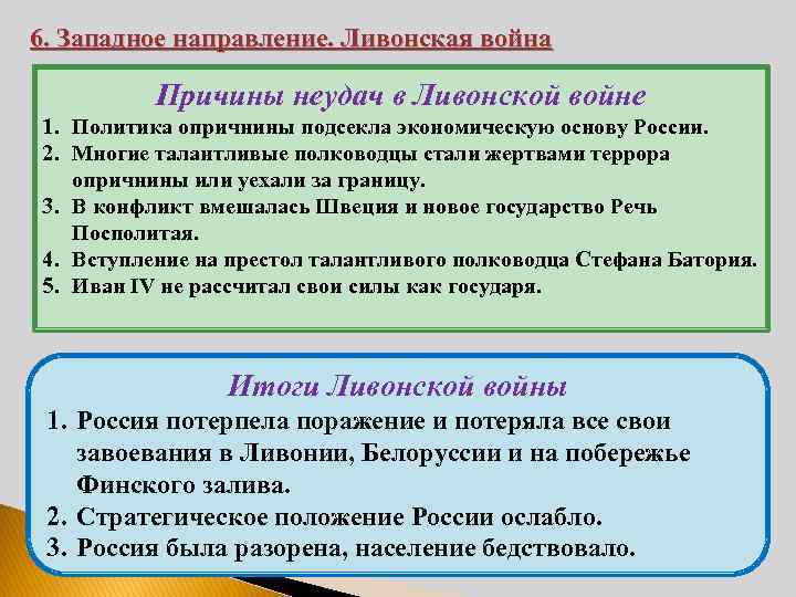 6. Западное направление. Ливонская война Причины неудач в Ливонской войне Почему Россия потерпела поражение