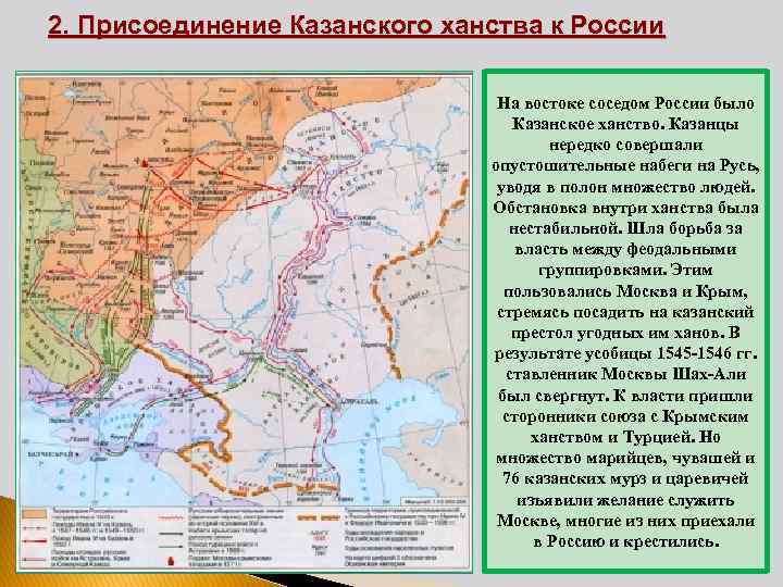 2. Присоединение Казанского ханства к России На востоке соседом России было Казанское ханство. Казанцы