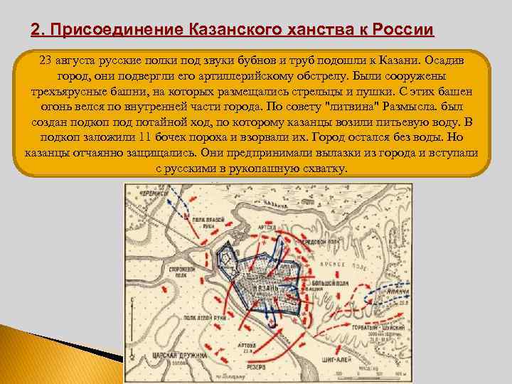 2. Присоединение Казанского ханства к России 23 августа русские полки под звуки бубнов и