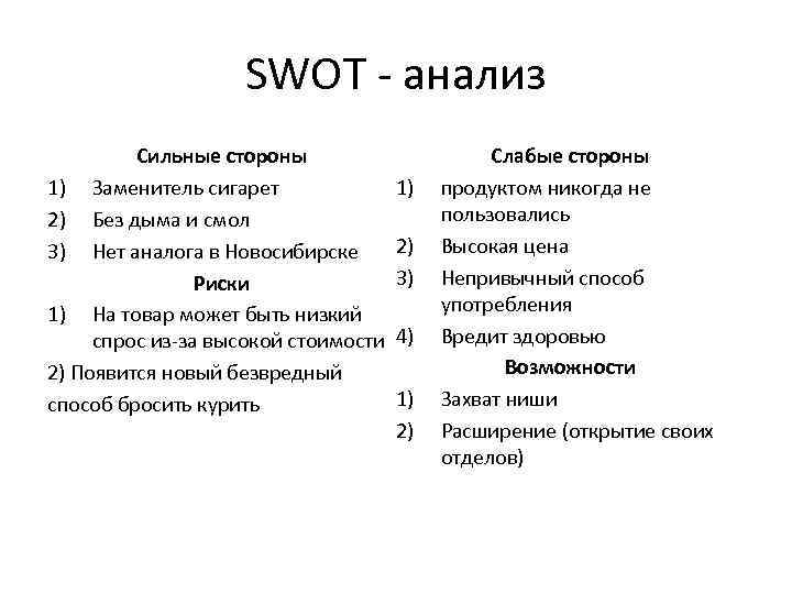 SWOT - анализ Сильные стороны 1) Заменитель сигарет 2) Без дыма и смол 3)