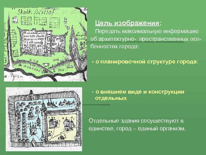 Цель изображения: Передать максимальную информацию об архитектурно- пространственных особенностях города: - о планировочной структуре