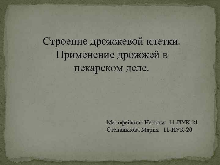 Строение дрожжевой клетки. Применение дрожжей в пекарском деле. Малофейкина Наталья 11 -ИУК-21 Степанькова Мария