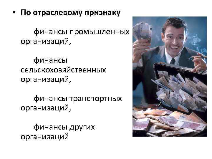  • По отраслевому признаку финансы промышленных организаций, финансы сельскохозяйственных организаций, финансы транспортных организаций,
