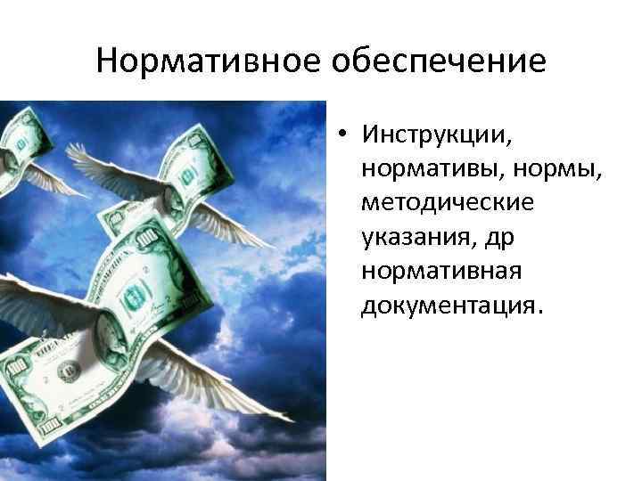 Нормативное обеспечение • Инструкции, нормативы, нормы, методические указания, др нормативная документация. 